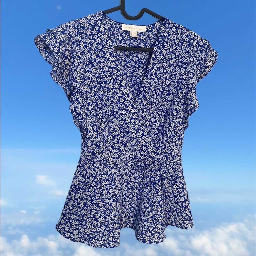 Blue Floral Wrap Top